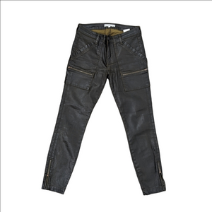 JOIE Jeans Coated Low Rise Park Skinny B  Olive Green Size 27 Zipper Ankle Moto